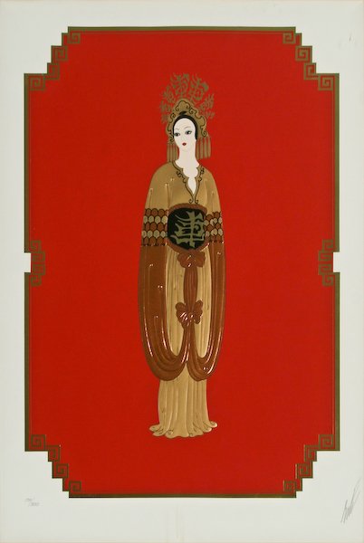 Erté, Plum Blossom: Romain (Erté) De Tirtoff (Russian, 1892-1990) Plum Blossom (From the Asian Princess Suite), 1986, screenprint in colors with metallic embossing, 22-1/2 x 15 inches (image), numbered and signed along