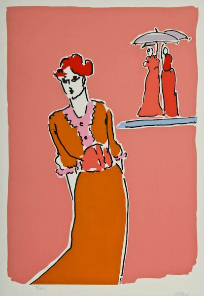 Peter Max, Two with Umbrellas: Peter Max (American, b. 1937) Two with Umbrellas, 1978, screenprint, 26-1/2 x 18-3/4 inches (image), numbered and signed along lower margin "75/250 MAX", decorative mat, under glass in a wood frame, 3