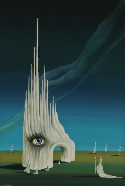 Louis Wattiez, Hoge Paal, 1975: Louis Wattiez (Belgian, 20th Century) Hoge Paal, 1975, tempera, 19-3/4 x 14 inches (sight), signed lower left recto, "L. WATTIEZ", 2 ply rag mat, under glass in a metal sectional frame, 26 x 20 x 1 in