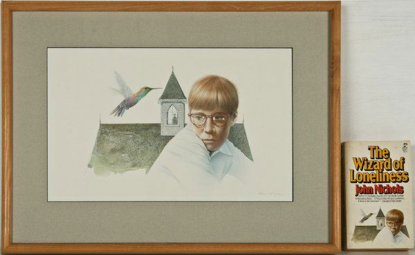 Alan Magee, illustration for The Wizard of Loneliness: Alan Magee (American, b. 1947) Cover by John Nichols, (paperback included), watercolor on illustration board, 9-3/4 x 15-1/2 inches (sight), pencil signed lower right recto "Alan Magee", decorative ma