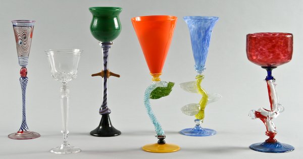 Six Hand Blown Glass Goblets: Various Artists (American, 20th Century), Six Hand Blown Glass Goblets by James Van Deurzen, William S. Akers, Frederick Birkhill and Michael Schunke, ranging in size from 9-1/2 x 3-1/2 x 3-1/2 to 13 