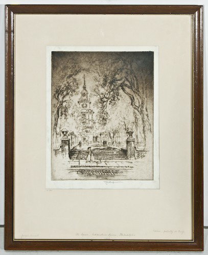 Joseph Pennell, Independence Square, Philadelphia: Joseph Pennell (American, 1857-1926) The Square, Independence Square, Philadelphia, etching, 1920, signed in plate and in lower margin in pencil, "J. Pennell", 10 x 7-3/4 inches (plate), 11 x 8-3/4 in