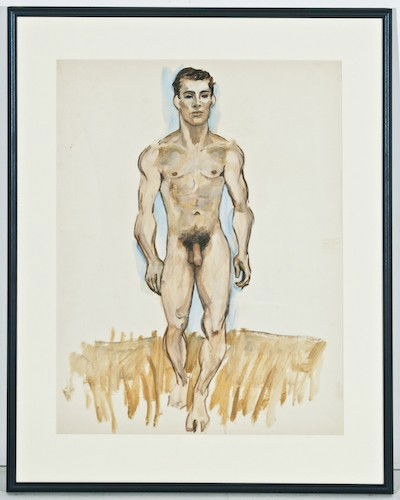 Emlen Etting, Untitled: Emlen Etting (American, 1905-1993) Untitled, Male Nude, gouache on paper, 23-1/4 x 18 inches (sight), under glass in a metal sectional frame, 30-1/4 x 24-1/4 x 1 inches.