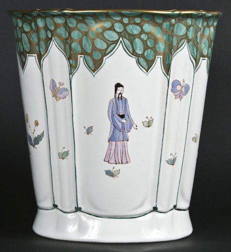 Sherle Wagner Green Chinoiserie Waste Basket: Sherle Wagner Green Chinoiserie Waste Basket, glazed porcelain, stamped on base "Sherle / Wagner / Italy", 12 x 11-1/2 x 10-1/2 inches.