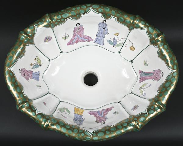 Sherle Wagner Green Chinoiserie Sink: Sherle Wagner Green Chinoiserie Sink, glazed porcelain, stamped on side "Sherle / Wagner / Italy", 8-1/2 x 19-1/4 x 15-1/2 inches.