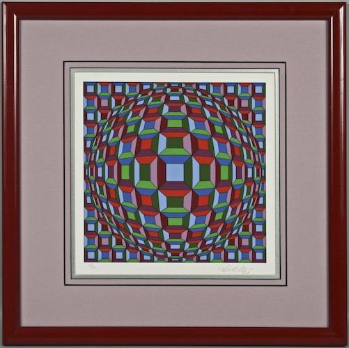 Victor Vasarely, Helios Suite Print in Red Frame: Victor Vasarely (French/Hungarian, 1908-1997) Helios Suite Print in Red Frame, screenprint in colors, 1981, numbered and signed along lower margin "133/200 Vasarely", 10-1/4 x 10-1/4 inches (image), 1