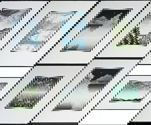 Karen Parker, Six Prints: Karen Parker (French/American, 20th Century) Group of Six Prints (Trees, Black Forest, Seascape, Evening, Illumination, & Solitude), intaglio print in colors, 1983-86, each print is numbered, titled,