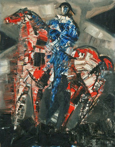 Pierre Bosco "Harlequin" oil on canvas: Pierre Bosco (French, 1909-1991) Untitled (Harlequin on Horse), oil on canvas, 25-1/2 x 20 inches (stretcher) (15P), signed lower right recto, Provenance: Alex Maguy, Galerie de l'Eylsee, 69, Rue du F