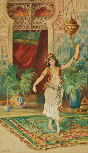 M. Cobini "Arabian Belly Dancer" watercolor: M. Cobini (European School, 20th Century) Untitled (Arabian Bellydancer), watercolor on paper, 19-1/4 x 11-1/4 inches (sight), signed lower left recto, Provenance: Private Collection, Odessa, TX. Fram