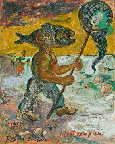 David Burliuk "Silent as a Fish" 1955 oil on board: David Burliuk (Russian/American, 1882-1967) Silent as a Fish, 1955, oil on board, 10 x 8 inches (board), dated, signed, and titled along the lower edge "1955 / FLA. Burliuk Silent as a Fish," Provenan
