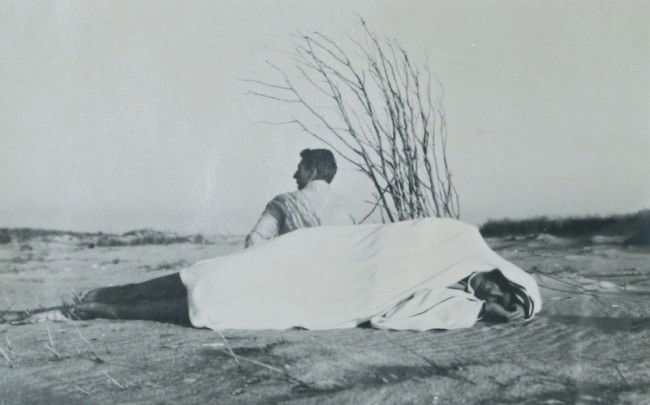 PaJaMa "Margaret French and Bernard Perlin" photo: PaJaMa (Paul Cadmus, Jared French, Margaret French) Untitled (Margaret French and Bernard Perlin, Fire Island), circa 1940, silver gelatin emulsion print, 4-1/4 x 6-1/4 inches (sheet), "Collection of