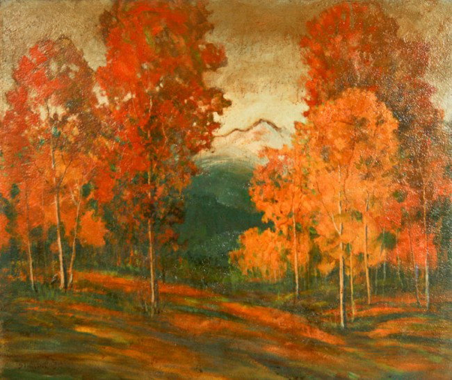 David Stirling, Autumn Day, Estes Park (Colorado): David Stirling, (American, 1887-1971), Autumn Day, Estes Park (Colorado), 1947, oil on board, signed lower left recto and titled, signed, and dated on verso, 23-3/4 x 29-3/4 inches (board), in a carve