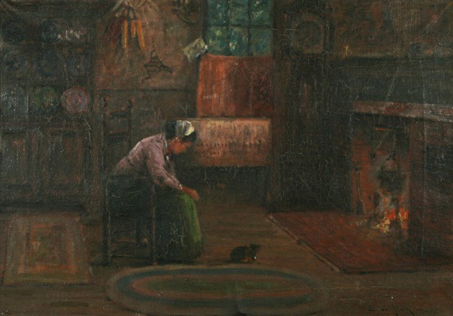 E. H. Paige, Untitled, oil on canvas: E. H. Paige, (American, 20th Century), Untitled (Woman with Cat in front of Fireplace), oil on canvas, signed lower right recto, 14-1/2 x 20 inches (stretcher), in a wood frame, 16-1/2 x 22-1/2 x 2 in