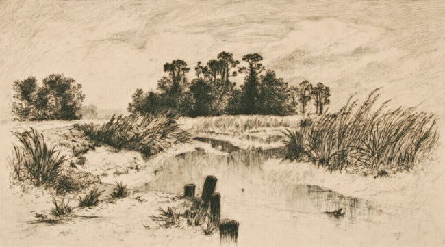 Thomas Moran, Passaic Meadows (In The Newark Meadows): Thomas Moran, (British/American, 1837-1926), Passaic Meadows (In The Newark Meadows), etching, signature device in plate, lower right recto "TM," 6 x 9-1/4 inches (plate), 7 x 10 inches (sight), 11 x