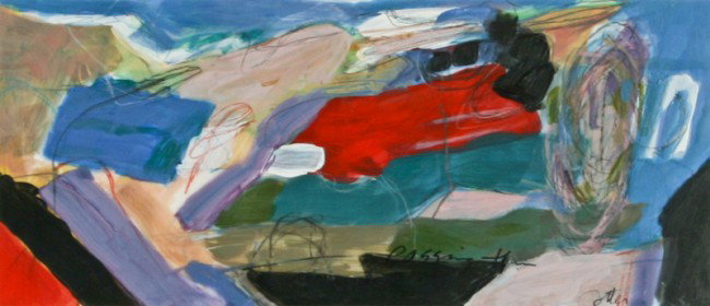 Jacqueline Cotter, Passing Thru #2, mixed media: Jacqueline Cotter, (American, b. 1921), Passing Thru #2, mixed media, titled and signed lower right recto, 5-3/4 x 12 inches (sight), under glass in a wood frame, 14-1/4 x 19-3/4 x 1 inches. Provenanc