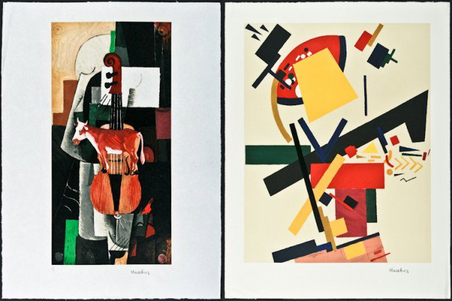After Kazimir Malevich, Two prints, Cow & Violin: After Kazimir Malevich, (Russian, 1878-1935), Two prints. Cow & Violin, numbered "21/99"; and Dynamic Composition, lithograph in colors, each stamped in lower margin, ranging in size from 31-1/4 x 24 