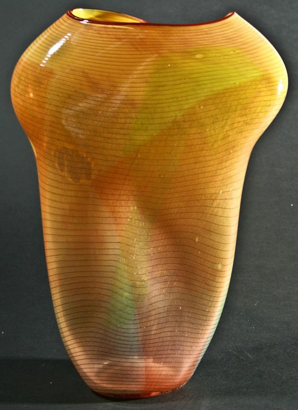 William Morris, Glass Vase, 1981, hand blown glass: William Morris, (American, b. 1957), Glass Vase, 1981, hand blown glass, signed and dated "William Morris 1981" near bottom edge, 14 x 9-1/2 x 3-1/2 inches (object). Provenance: Private Collection, Ch