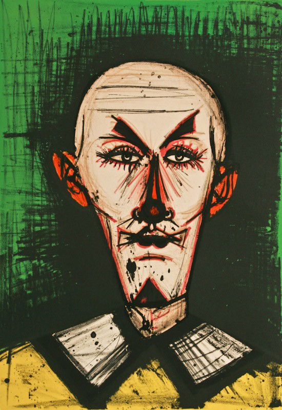 Bernard Buffet, Clown Portrait, lithograph: Bernard Buffet, (French, 1928-1999), Untitled (Clown Portrait), lithograph in colors, 18/120, numbered in lower left margin "18/120," 26-3/4 x 18-1/2 inches (image), under glass in a wood frame, 35 x