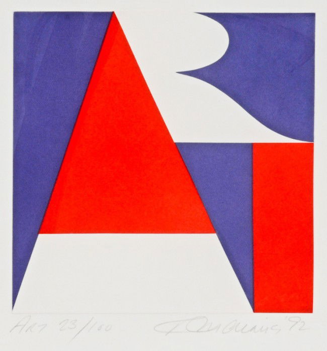 Robert Indiana, ART, 1992, aquatint in colors: Robert Indiana, (American, b. 1928), ART, 1992, aquatint in colors, 23/100, titled, numbered, signed and dated in lower margin, "ART 23/100 R Indiana '92," 7 x 7 inches (image), 16 x 15 inches (sheet)