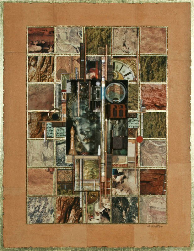 Roderick Slater, One Gold, One Silver, acrylic: Roderick Slater, (American, b. 1937), One Gold, One Silver, acrylic and collage, signed lower right recto "R Slater," 18 x 14 inches (board), in a wood frame, 19 x 15 x 2 inches. Provenance: The Hahn