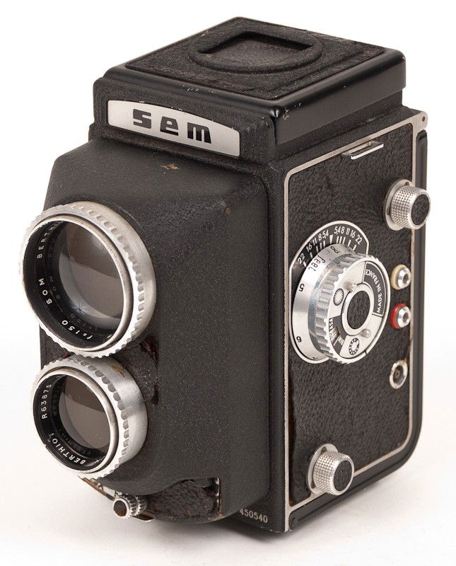 Semflex Studio Reflex, Twin Lens Reflex Camera: Semflex Studio Reflex, Twin Lens Reflex Roll Film Camera (Serial No. 450540) with Berthiot Tele Lenses. Provenance: The Kaprelian Camera Collection, Philadelphia, PA.