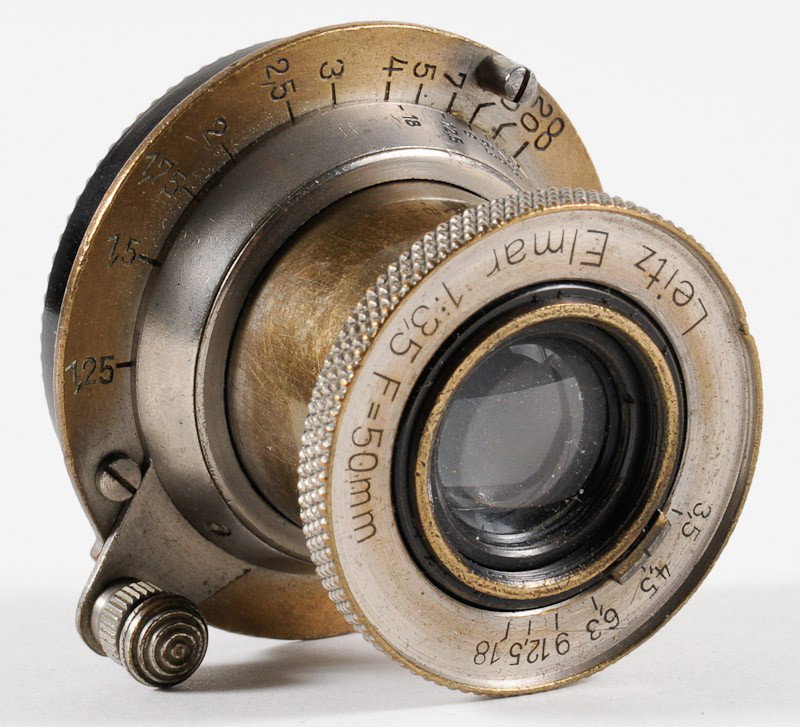 Elmar f/3.5 50mm Leica Screw-Mount Lens, Nickel: Elmar f/3.5 50mm Leica Screw-Mount Lens, Nickel. Manufactured by Ernst Leitz in Wetzlar, Germany. Provenance: The Kaprelian Camera Collection, Philadelphia, PA.