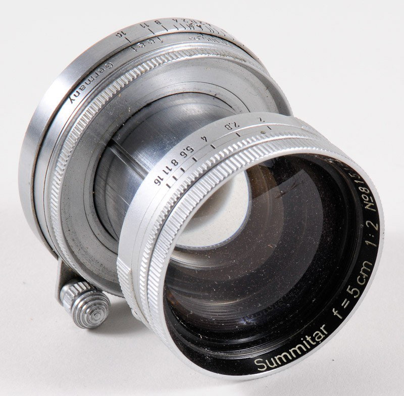 Summitar f/2 5cm Leica Screw-Mount Lens: Summitar f/2 5cm Leica Screw-Mount Lens (Serial No. 815182), Chrome. Manufactured by Ernst Leitz in Wetzlar, Germany. Provenance: The Kaprelian Camera Collection, Philadelphia, PA.