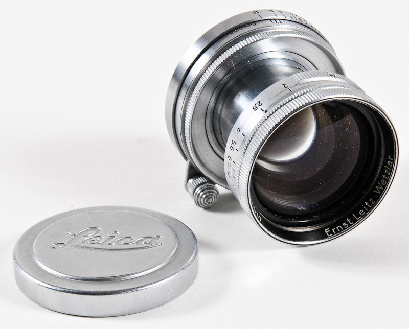 Summitar f/2 5cm Leica Screw-Mount Lens: Summitar f/2 5cm Leica Screw-Mount Lens (Serial No. 663537), Chrome. Manufactured by Ernst Leitz in Wetzlar, Germany. Provenance: The Kaprelian Camera Collection, Philadelphia, PA.