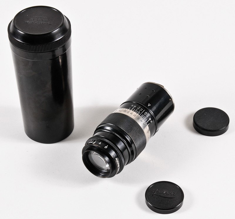 Hektor f/4.5 13.5cm Leica Screw-Mount Lens: Hektor f/4.5 13.5cm Leica Screw-Mount Lens (Serial No. 355801) with Bakelite Lens Cap and Lens Case. Manufactured by Ernst Leitz in Wetzlar, Germany. Provenance: The Kaprelian Camera Collection, Phila