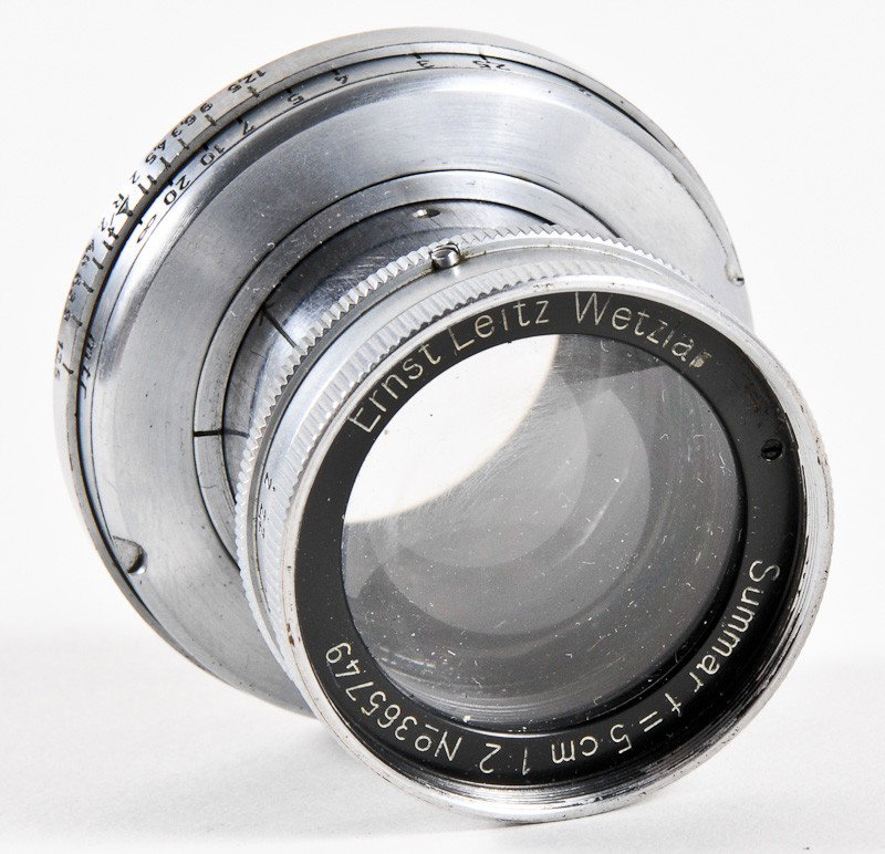 Summar f/2 5cm Leica Screw-Mount Lens: Summar f/2 5cm Leica Screw-Mount Lens (Serial No. 365749), Chrome. Manufactured by Ernst Leitz in Wetzlar, Germany. Provenance: The Kaprelian Camera Collection, Philadelphia, PA.