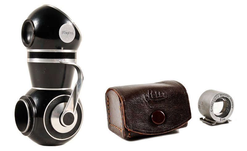 Leica, Leitz Universal 5cm and Kiefitt Viewfinders: Leica, Leitz Universal 5cm Viewfinder with Leather Case and a Kiefitt Viewfinder (Serial No. 3100069) for Leica. Manufactured by Ernst Leitz in Wetzlar, Germany. Provenance: The Kaprelian Camera Colle