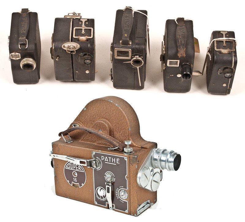 Group of 6 Pathé Movie Cameras: Group of 6 Pathé Movie Cameras. Various Models including a Cinor Special Berthiot, a Motocamera, (2) Pathex, a Pathescope, and a Super 16. Provenance: The Kaprelian Camera Collection, Philadelphia, P