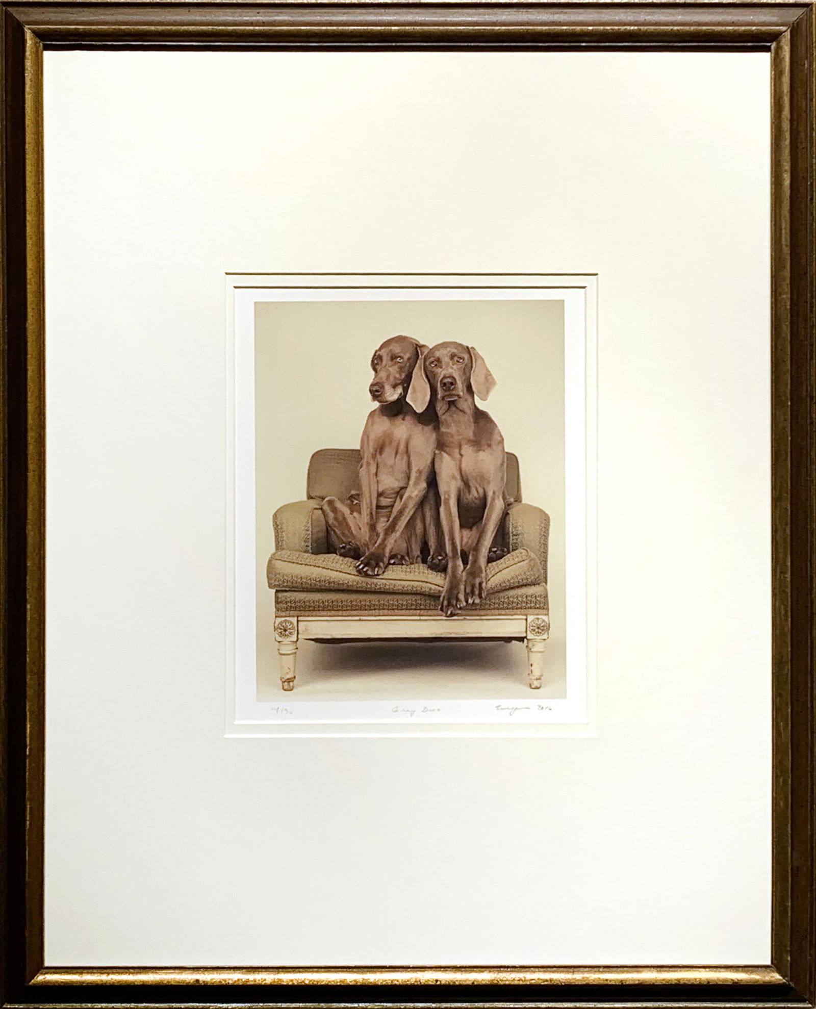 William Wegman, pigment print on paper, Grey Duo: William Wegman Photograph Grey Duo 2016 pigment print on paper 11 x 8.5 inches, 24.75 x 19.5 inches framed edition 14 of 30 Framed: yes signed on recto/front