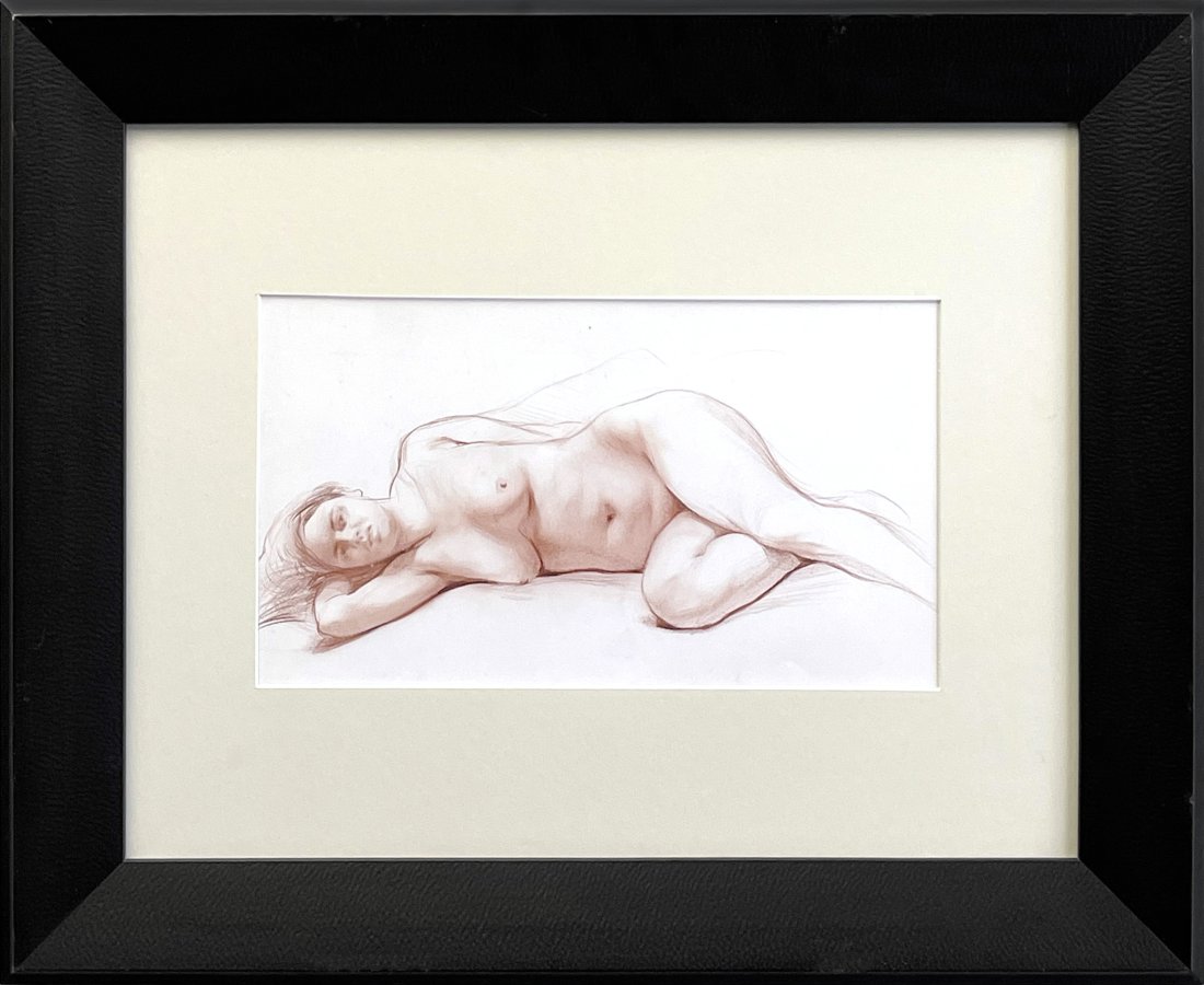 Steven Assael, brown crayon on paper, Reclining Figure I: Steven Assael Drawing Reclining Figure I 2019 brown crayon on paper 8.75 x 14.5 inches, 20 x 24.5 inches framed Framed: yes signed on recto/front