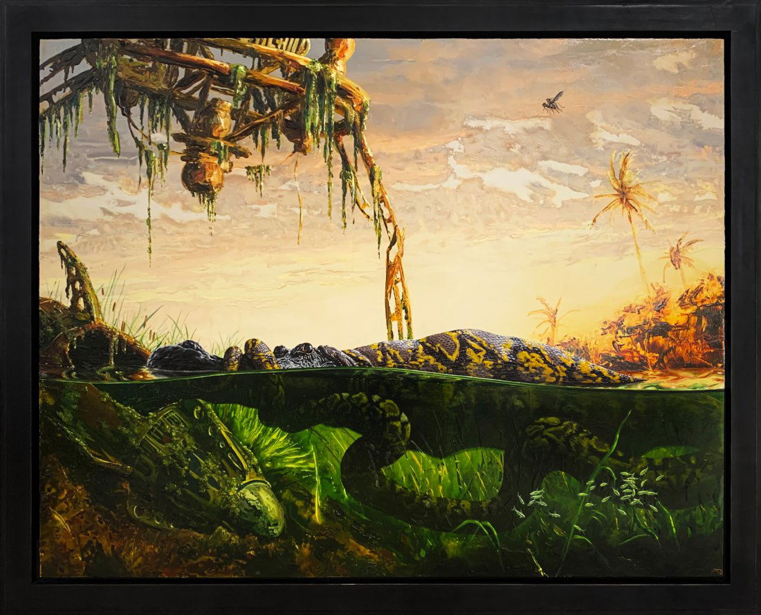 Alexis Rockman, oil on wood, Disneyworld II: Alexis Rockman Painting Disneyworld II 2005 oil on wood 44 x 56 inches, 50.5 x 62.5 inches framed Framed: yes signed on verso/back Disneyworld II is part of the artist's American Icons project from 20