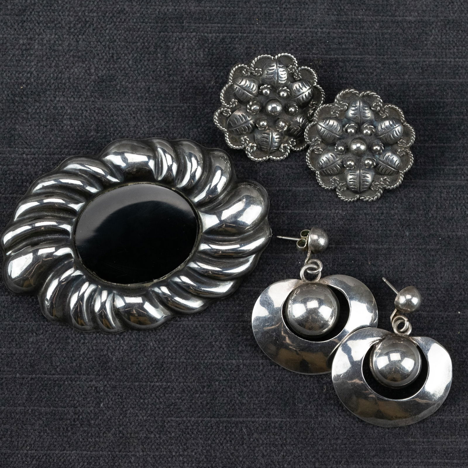 Two Pairs of Silver Earrings and Silver and Onyx Pendant: Spratling (Possibly) and Unsigned Vintage (1 of 8)