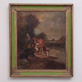 Continental Painting of Cows in a Pastoral Landscape