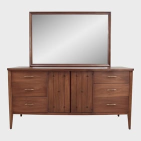 Broyhill Saga Mid-century Modern Walnut Triple Dresser with Mirror, Circa 1960