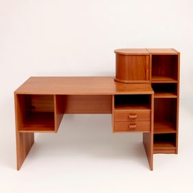 Vintage Mid Century Modern Teak Office Desk W Attached Bookcase- 2 Pieces