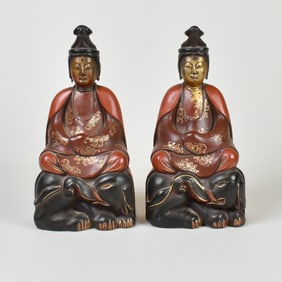 Pair of Japanese Lacquered Wood Figures of Fugen Bosatsu (Samantabhadra Bodhisattva)