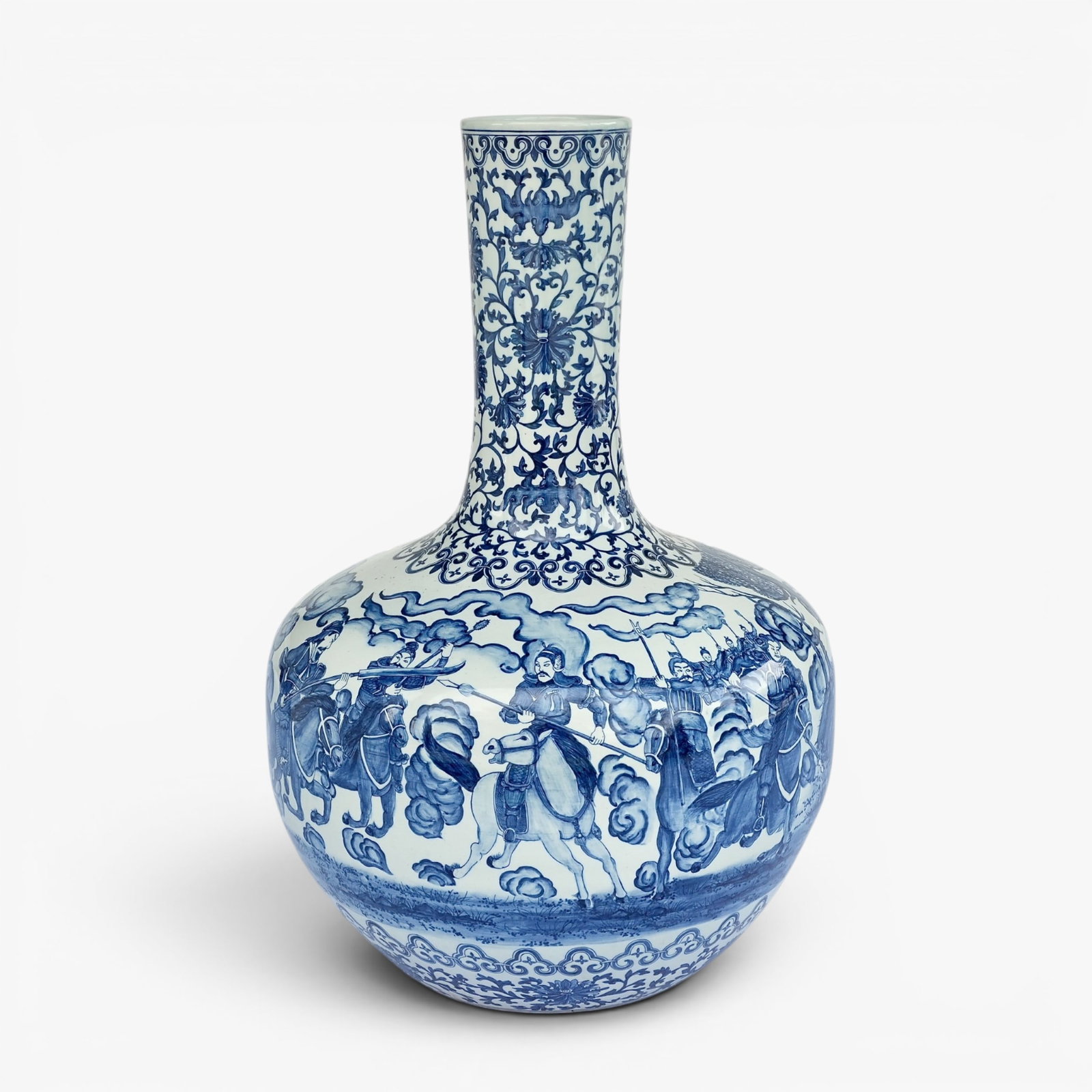 A Large Chinese Blue and White Glazed Porcelain Vase: 20th century, the compressed ovoid body rising to a tall straight neck, painted in the round with mounted guards in a landscape, all above bands of ruyi and scrolling lotus at the base and below the n