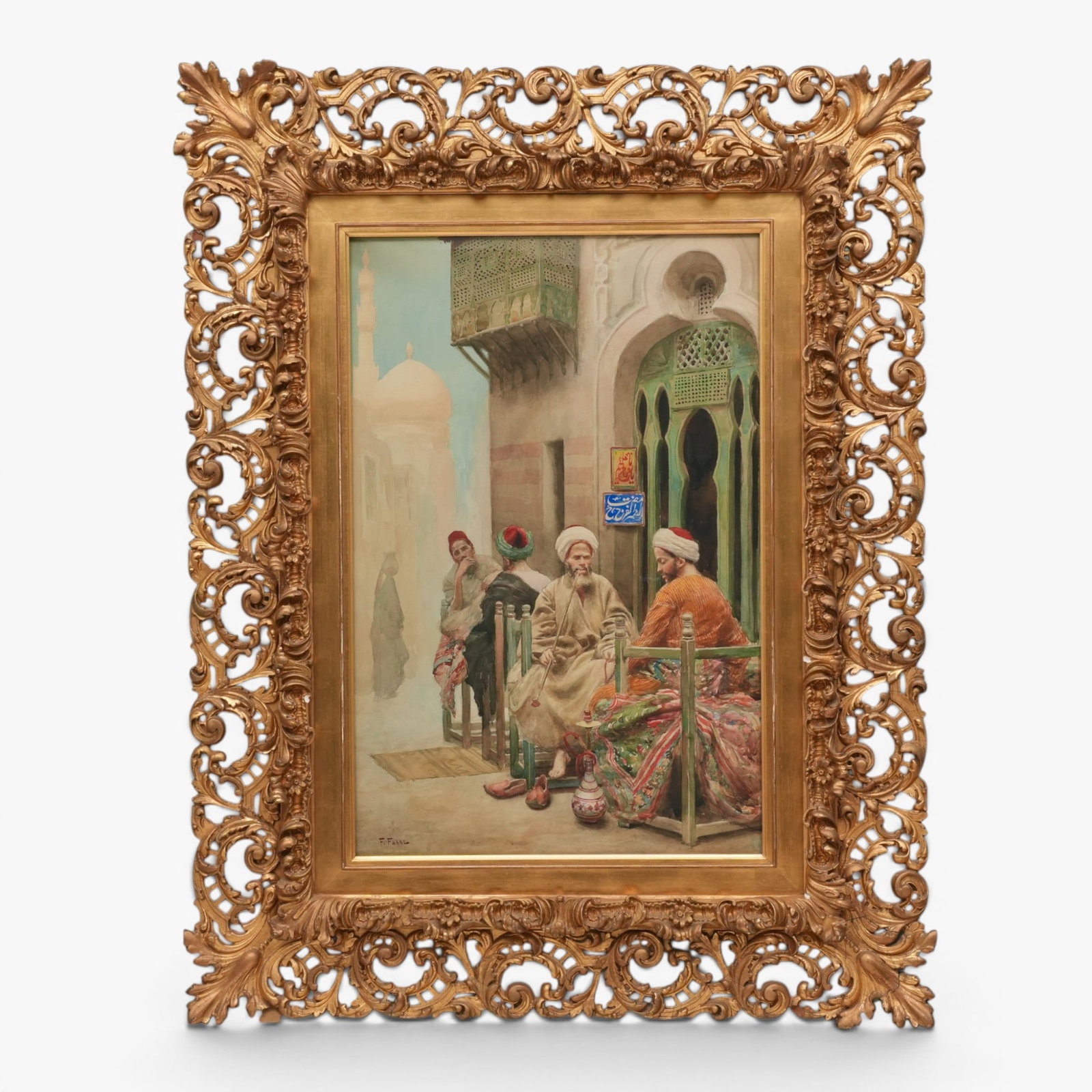The Afternoon Smoke: Orientalist school, Italian, watercolor on paper, signed lower left F. Fabbi (after Fabio Fabbi 1861-1946), framed in an antique ornate giltwood frame The collection of Frank and Irene Giuffrida,