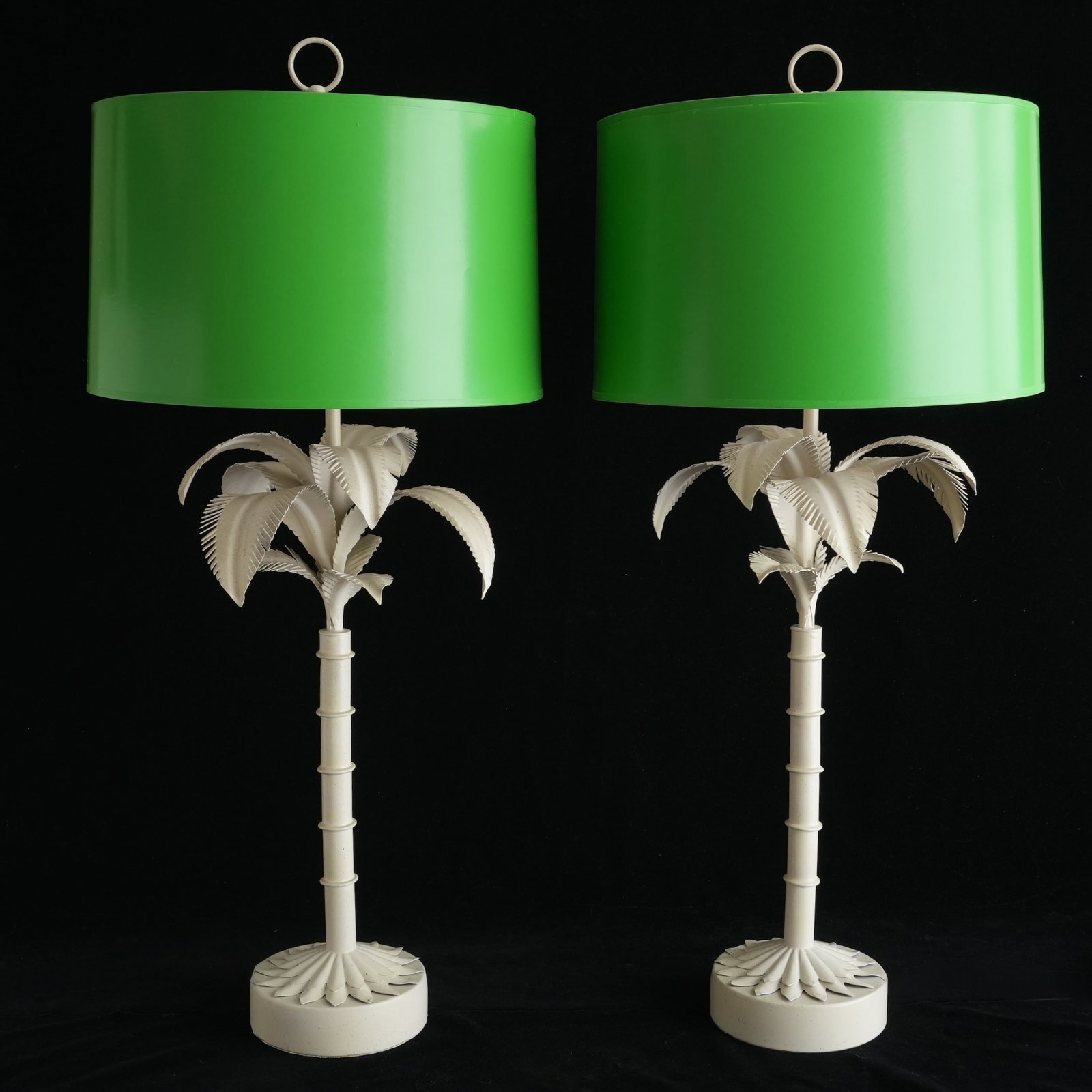 Pair of Vintage Painted Tole Palm Tree Lamps: Hollywood Regency, Palm Beach, frond leaf white painted metal tole table lamps with green shades The collection of Frank and Irene Giuffrida, owners of the famous Hilltop Steakhouse, Saugus, MA