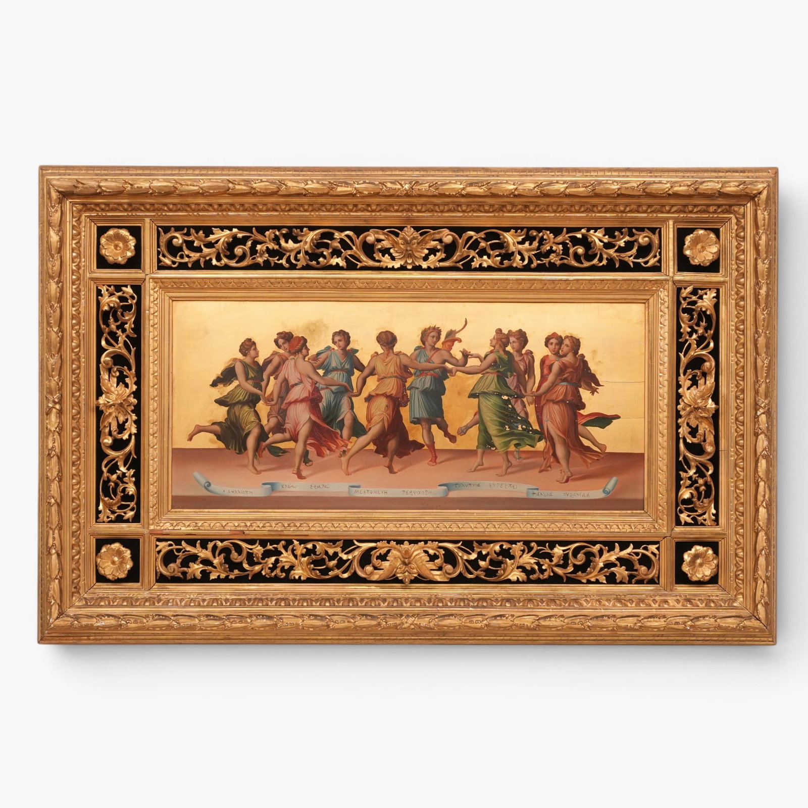 The Dance of Apollo with the Nine Muses: Italian, oil on board, showing the Greek god Apollo dancing with the nine Muses, who are goddesses of the arts and sciences, above a scroll with the Muses names listed, after the original by Baldassar