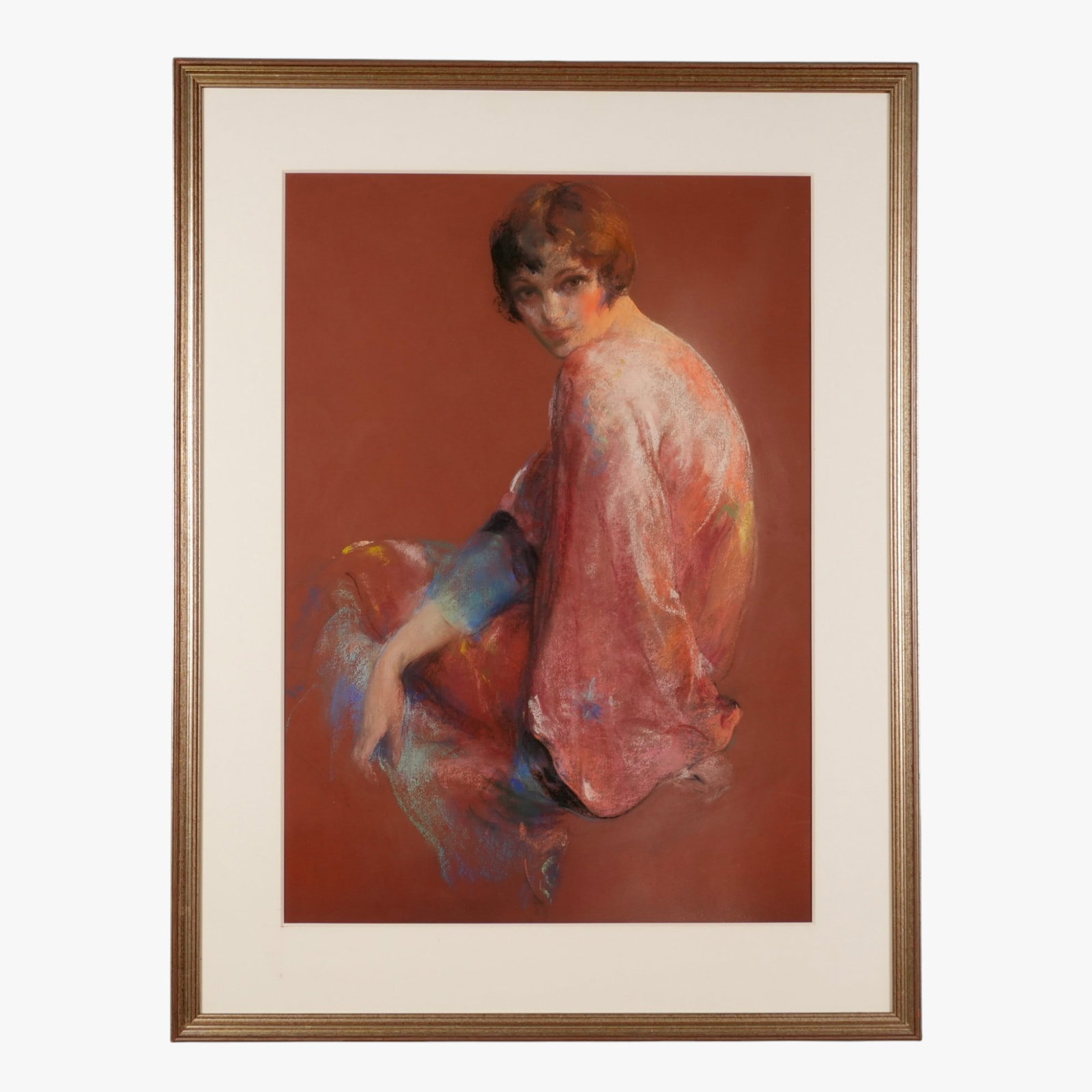 Pastel of a Woman in a Pink Dress: The 1920's flapper sensually posed seated looking over her shoulder, unsigned, framed The collection of Frank and Irene Giuffrida, owners of the famous Hilltop Steakhouse, Saugus, MA