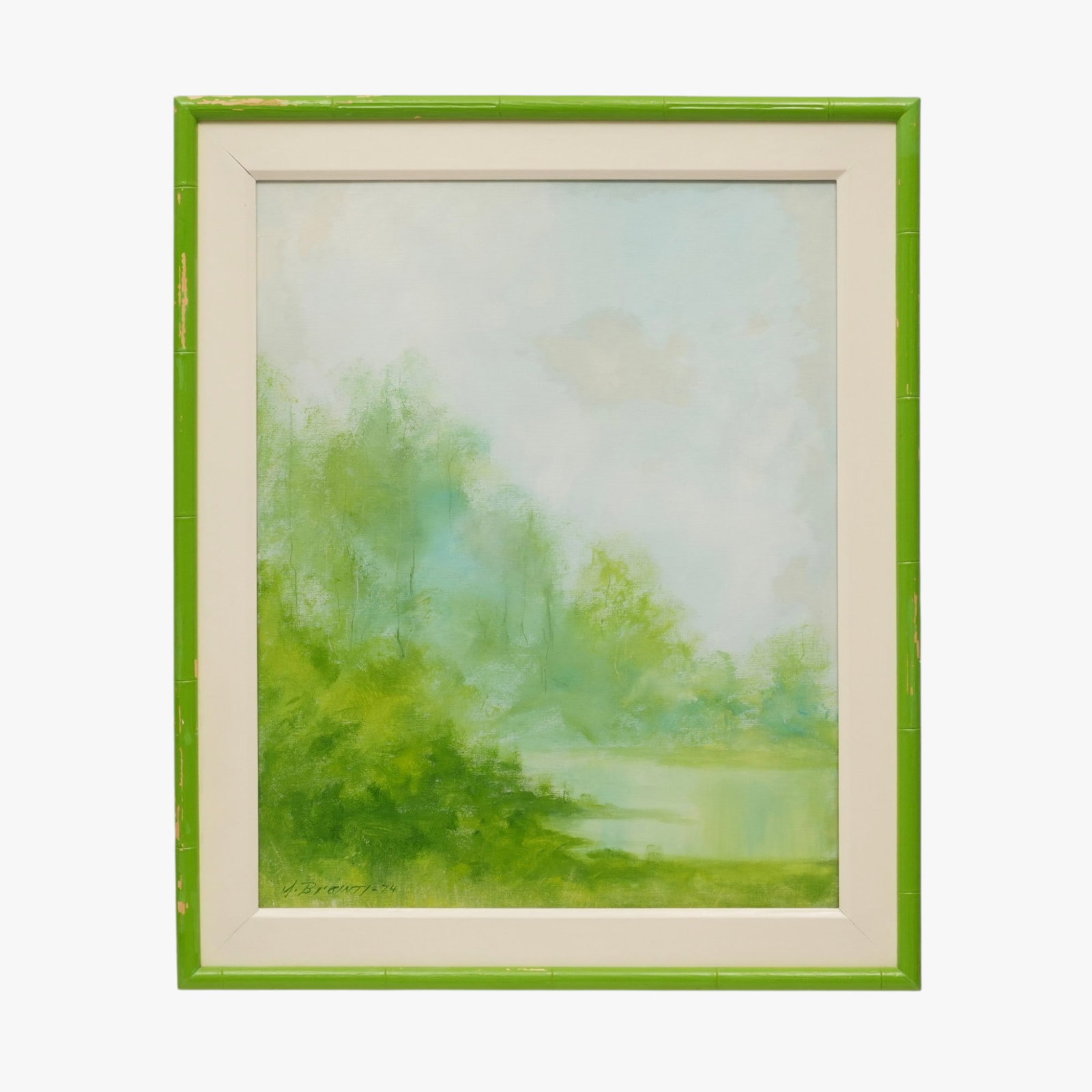 Misty Landscape Painting: 20th century, oil on canvas, indiscernible signature lower left, framed in a green painted wood frame The collection of Frank and Irene Giuffrida, owners of the famous Hilltop Steakhouse, Saugus, MA
