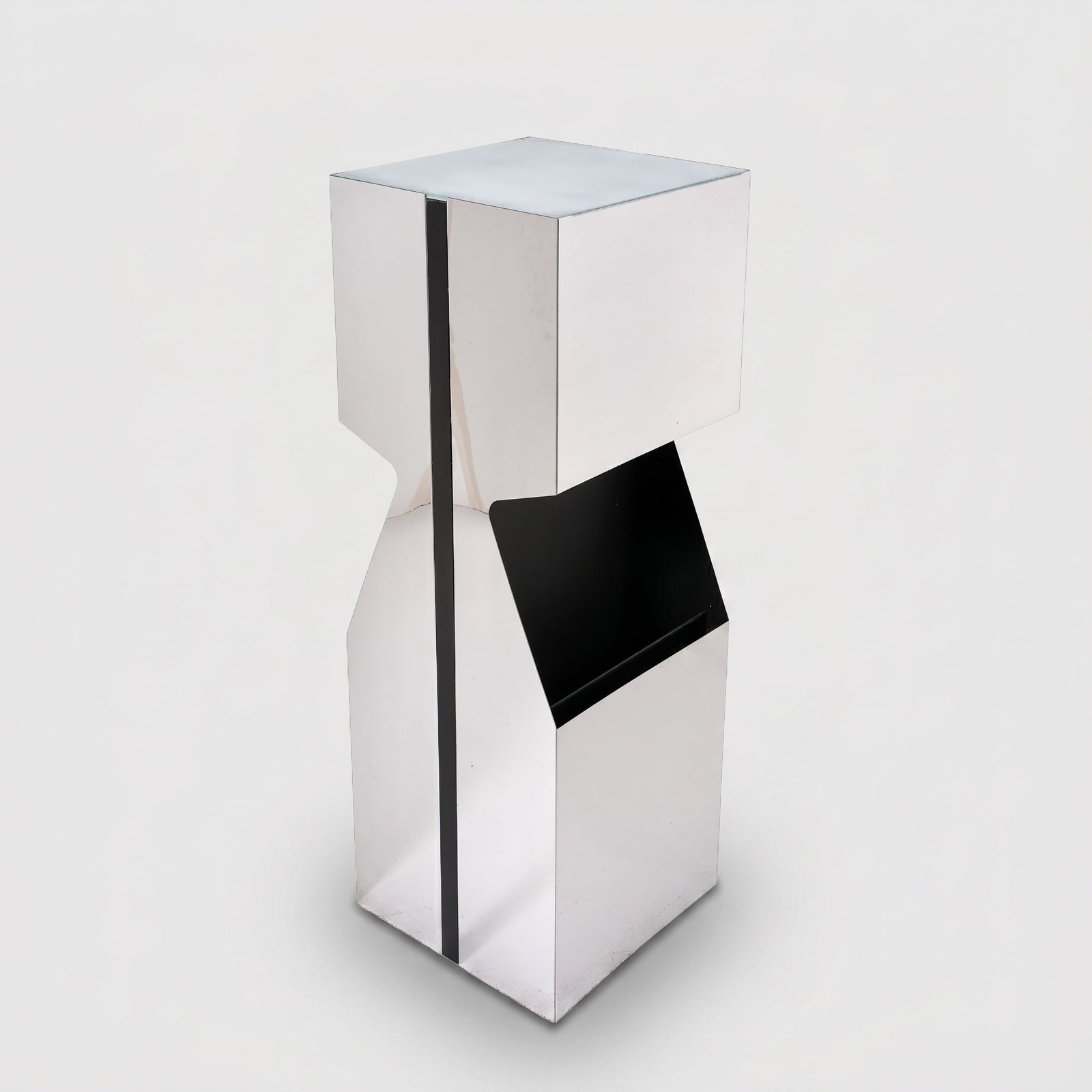 Neil Small For Kovacs Illuminated Pedestal Light & Magazine Holder, Circa 1970's: Illuminated multipurpose piece that functions as a pedestal, magazine rack, or a sculptural accent piece constructed from chromed sheet metal sides, black interiors and frosted glass top with push but