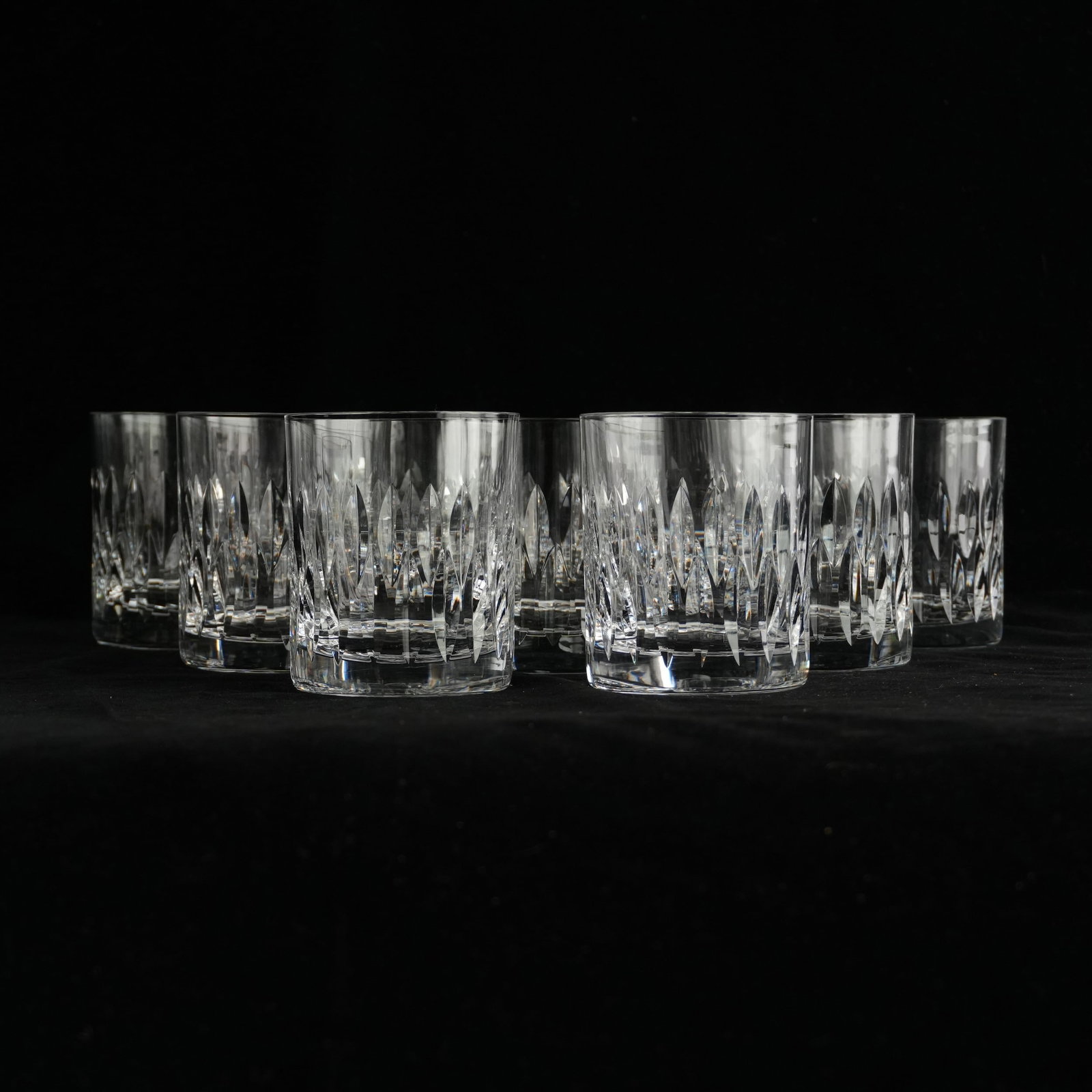 Set of 9 St Louis Crystal rocks Glasses, France: Vertical wedge cut crystal rocks glasses, acid etched St Louis Crystal France on underside