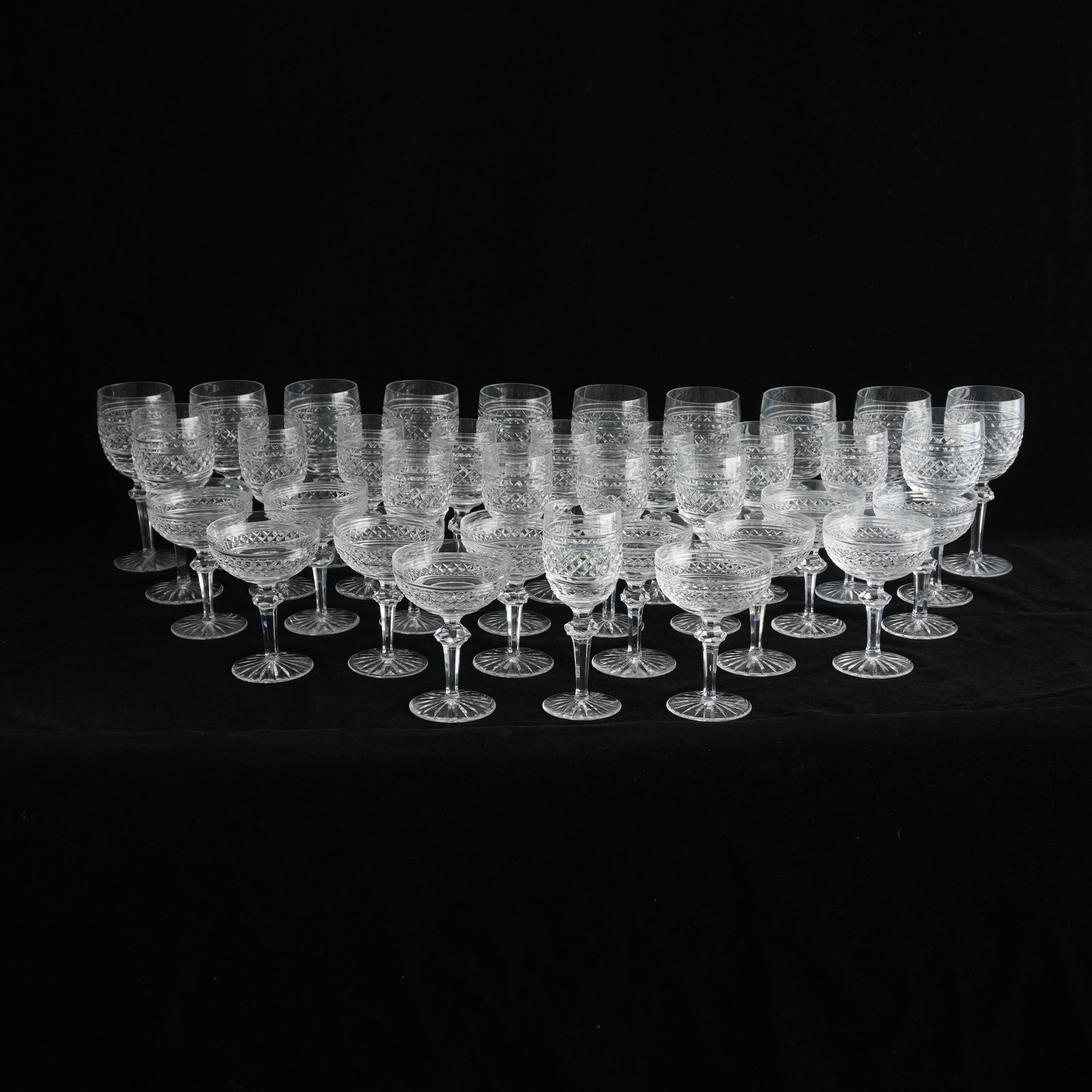 Thirty-Seven Cut Crystal Waterford Glasses: Comprising: 13 champagne, 12 red wine, 12 white wine The collection of Frank and Irene Giuffrida, owners of the famous Hilltop Steakhouse, Saugus, MA