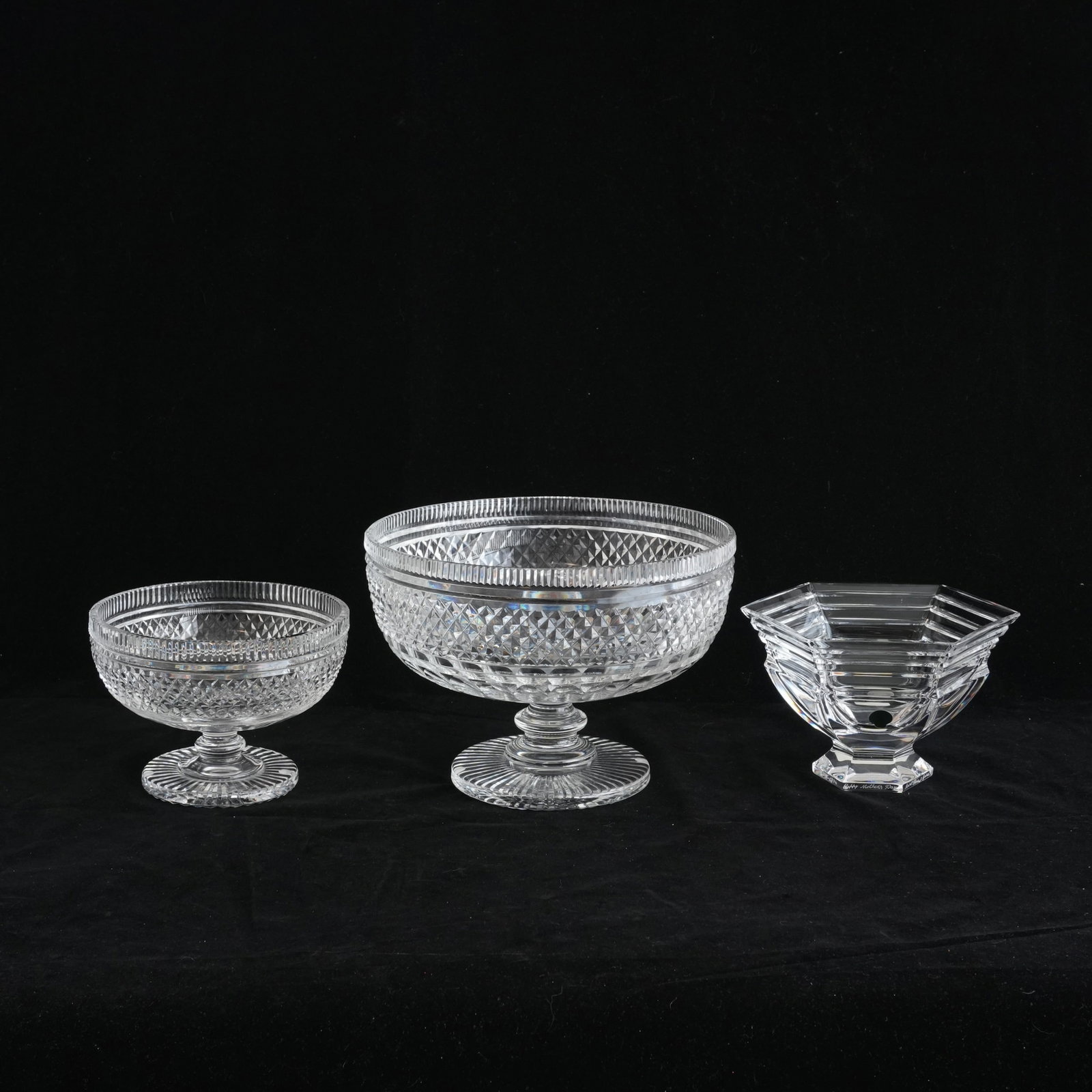 Waterford Odessa Bowl and Two Waterford Crystal Pedestal Bowls: Diamond point and vertical cut crystal details on pedestal bowls, thought to be Waterford, Waterford Odessa bowl 8' diameter comes in original box The collection of Frank and Irene Giuffrida, owners o